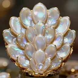 Upclose photograph of fan-shaped fish scales, pearly iridescent ivory abalone, reflective, refractive, gold edges, glossy, high specularity, bloom, cinematic lighting, by Alphonse Mucha, by James Gurney, by Bouguereau, by Rubens, fantasy, portfolio illustration, highly detailed, trending on Artstation, CGsociety, HQ, 8k, 35mm lens, f2.8, Bokeh,