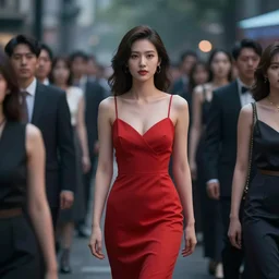 the matrix, red dress woman, crowd is holographic, photo realistic, ultra high quality, octane render.