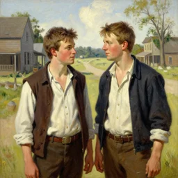 tom sawyer and huckleberry finn in a small missouri town in 1 8 7 6, art by bob byerley, oil on canvas
