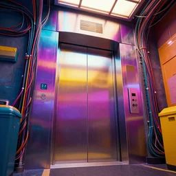 a big realistic detailed colorful vibrant photorealistic cyberpunk elevator, wires,