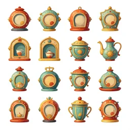 game asset sheet, material study, 2 d sprite, kitschy art deco era designs, toys white background
