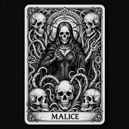malice, skulls, tendrils, dark atmosphere, greyscale, detailed linework, cinematic, psychedelic, black paper, ornate, symmetrical, tarot card, highly detailed, ink illustration, style of peter mohrbacher, golden ratio, 8k