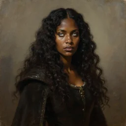 character design, medieval, a woman with long dark curly hair and white eyes, stoic, brown skin, alone dramatic, epic painting, painted by wlop and nixeu, cgsociety, beautiful, semirealism, artbreeder, artstation, volumetric light, octane render, sharpness, 8 k, golden ratio