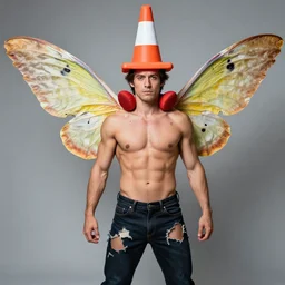 ripped physique winged man Norm MacDonald disguised as a mothra whilst wearing a traffic cone hat jack kirby