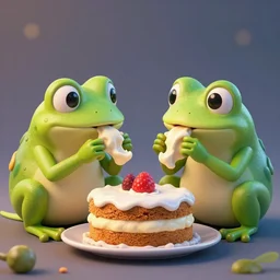 two frogs eating eating cake, cartoon, artstation, cgsociety, 3d render, ambient lighting