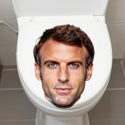 toilet with Emmanuel Macron face printed on it, white borders, 50mm photography, high quality, 4K