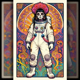 cute punk goth fashion fractal Día de los Muertos tattooed girl posing in a astronaut suit, psychedelic poster art of by Victor Moscoso Rick Griffin Alphonse Mucha Gustav Klimt Ayami Kojima Amano Charlie Bowater, masterpiece