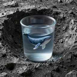 a octane render of crater and a tiny whale inside a cup, close - up studio photo, lighting path traced, highly detailed, high quality, hyper - realistic, max accurate,