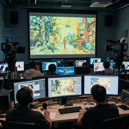 writer's room, many screens, incredibly creative atmosphere, cameras, cinema, cinematic illustration by moebius, masterpiece