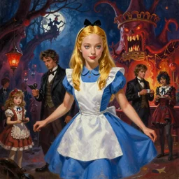 illustration of alice in wonderland at the dark carnival in hell, ultra high detailed, oil painting, greg rutkowski, charlie bowater, yuumei, yanjun cheng, unreal 5, daz, hyperrealistic, octane render, rpg portrait, dynamic lighting, fantasy art, trending on illustrationx