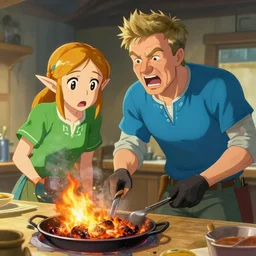 gordon ramsey yelling screaming at link with a scared expression from zelda for cooking burnt food in the style of breath of the wild, artstation, krenz cushart, makoto shinkai