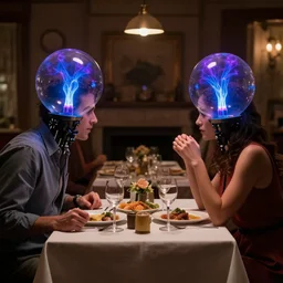 still frame from a live - action romantic comedy, showing two cyborgs with normal human bodies and cloths, but their heads are spherical glass plasma lamps full of glowing blue and purple plasma filaments, having an awkward dinner date