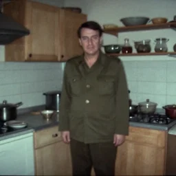 a ai in a stalinist style kitchen, by mini dv camera, very very low quality, heavy grain, very blurry, accidental flash, webcam footage, found footage, security cam, caught on trail cam
