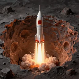 a cartoon rocket launching from a massive crater, matte finish, fine detail, digital painting