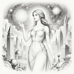 a sketch drawing, ultra detailed, mystical travel, magic, universe, beautiful woman, surreal city, in style of jean - michel basquiat, trending on artstation