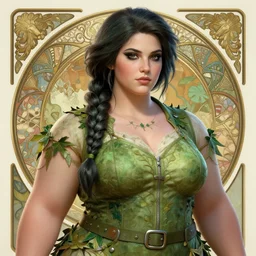 a stunning 3 d portrait of a thicc and stacked ariel dressed as a beautiful poison ivy with hair tied in a braid, dark eyeliner, intricate, elegant, highly detailed, digital painting, artstation, concept art, sharp focus, octane render, art by artgem and jugendstil and greg rutkowski and alphonse mucha, pixv