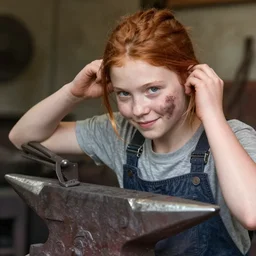 photograph of a young girl working in a blacksmith's forge, clear eyes, slight smile, red hair, soot on her cheek, one hand pushing back the hair from her face, in the style of greg simkins and francisco de goya