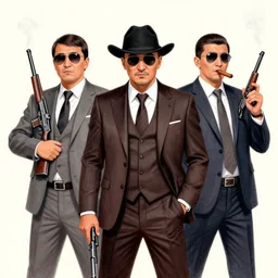A drawing of Kazakh mafia in stylish Italian suits with Tommy guns, smoking cigars