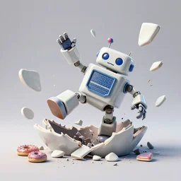 dissection of funny ceramic exploding crash miniature toy Figure mechabot falling apart 8K, zbrush, c4d, 3d primives, in a Studio hollow, surrounded by flying parts, explosion drawing, by pixar, beeple, by jeff koons, blender donut tutorial