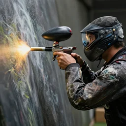 firing a paintball at a canvas to create art. photorealistic. intricate details. 3 5 mm photograph. dramatic lighting. action shot. absolute focus. masterpiece.