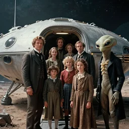 70mm still from a sci fi blockbuster movie made in 3222, set in 1860, of a human family leaving a spaceship, that has just landed on an alien planet, a friendly humanoid alien is standing nearby, wearing 1850s era clothes, cinematic lighting, 8k, in focus faces, oscar winner, high quality photography