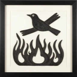 a bird rising above the flames, mexican folk art, native american folk art, relief engraving, framed art, very simple, extremely abstract, deep black shading, mild expressionism, award winning