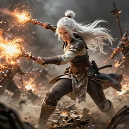 dragon age character wynne, 5 0 years old, white long hair tied bun, gritting teeth, holding magical staff, shooting magic, middle of battle, battle damage, fighting, full body, epic, d and d, cinematic, dynamic lighting, concept art, rich color, bioware, by greg rutkowski