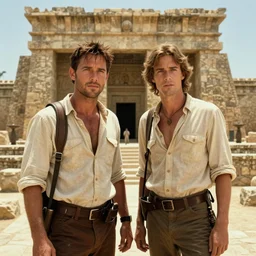 a beautiful photo from the film indiana jones and the fate of atlantis of sophia hapgood and indiana jones at the city of atlantis, dslr hyper focused