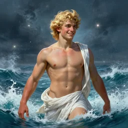 portrait of teenage poseidon rising from ocean, greek, short curly blonde hair, mad smile, wearing a wet white sash, elegant, crashing waves, storm, glowing lights, volumetric lighting, highly detailed, digital painting, artstation, concept art, smooth, sharp focus, illustration, art by wlop, mucha, artgerm, and greg rutkowski