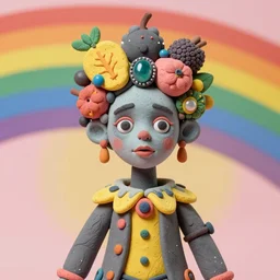 portrait of a trickster nature spirit, undead, head made of fruits and jewels and flowers in the style of guiseppe arcimboldo, philip taaffe, david altmejd, pop art, action figure, clay sculpture, claymation, gray and yellow and pink, rainbow stripe background