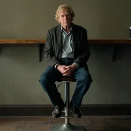 i'm on a bar stool the age my father died, realistic, cinematic color, by abercrombie gertrude