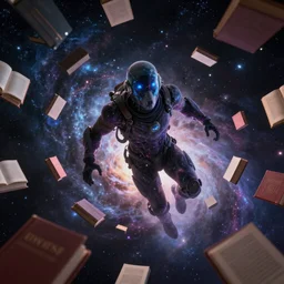 A cosmic being floating through books in space trying to attain as much knowledge as possible, digital art, 4K, high detail, trending on ArtStation