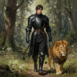a knight dressed in black armor,walking his pet lion on a leash in a forest,dramatic,detailed face,digital art,art by greg rutkowski,Akihiko Yoshida,artstation,deviantart,photorealistic,highly detailed,calm,natural lighting,hyperdetailed,Character design by charlie bowater, ross tran, artgerm, and makoto shinkai, detailed, inked, western comic book art, 2021 award winning painting