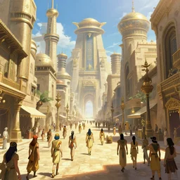 Main street in an epic Egyptian-style city at midday, anime, dantasy, cinematic, a sci-fi digital painting by Greg Rutkowski and James Gurney, trending on Artstation, highly detailed