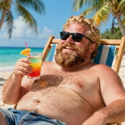 Slightly fat blond man with big beard, hairy chest and sunglasses lying on a beach chair, happy summer vacation in a tropical island. Drink in hand. Colorful. Detailed.
