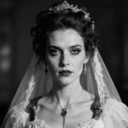 closeup portrait of atomicpunk bride of frankenstein, facing the camera, dark, cinematic, smokey lighting, dimly lit, highly detailed, black and white vintage photograph, character design