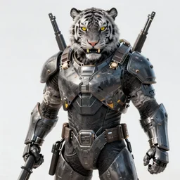 a humanoid tiger man with grey fur in full body armor yellow eyes, and grey fur with teeth that protrude past their lower jaw holding rifles