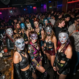photograph of a sexy retro techwear female group near the bar of a packed busy rundown nightclub, lots of people, variety of sharp sparkly creepy masks, retrofuturism, brutalism, cyberpunk, sigma 85mm f/1.4, 15mm, 35mm, tilted frame, long exposure, 4k, high resolution, 4k, 8k, hd, wide angle lens, highly detailed, full color, harsh light and shadow