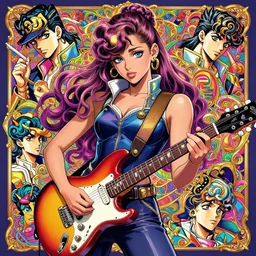 Ariana Grande playing electric guitar, colorful, trippy, graphic design, manga, highly detailed, beauty, art by Hirohiko Araki, intricate, elegant, J. C. Leyendecker, jojo bizarre adventure, Jotoro, Joseph Joestar