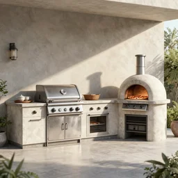 new ideas for outdoor kitchen design with grill and pizza oven, designer pencil sketch, HD resolution