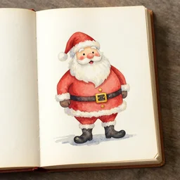 photo of old book with watercolor painting of santa claus