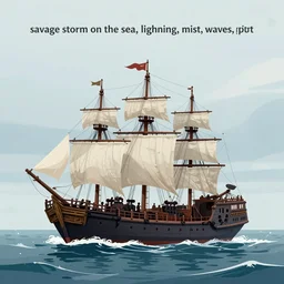 “savage storm on the sea, lightning, mist, waves, pirate ship”