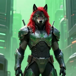 portrait of a anthropomorphic black male wolf with long red hair wearing futuristic armor in a futuristic city | | concept art, 4 k, green color scheme, volumetric lighting, highly detailed, by cory loftis trending on artstation