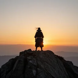samurai standing at the top of a mountain, sun setting, visible wind, ultrarealistic