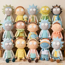 a room filled with rick and morty character beanie babies