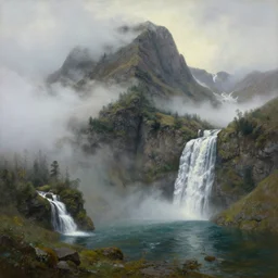 a giant mountain covered in mist, with a waterfall that leads to a lake, highly detailed, oil painting, made by alard monsma
