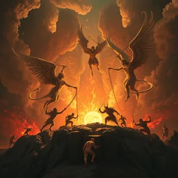 book of enoch, angels throw demons in chains inside mount tartarus, highly detailed digital painting, sharp focus by dore and bouguereau and ross tran and dan mumford, trending on artstation