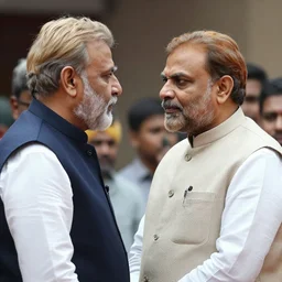 amit shah with full hair and staring at arvind kejriwal