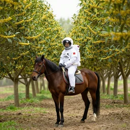 an astronaut rode a horse in a forest of osmanthus