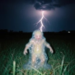 1 3 mm film photograph of a mutated bubbling gurgling being in a field, liminal, dark, thunderstorm lightning, dark, flash on, blurry, grainy, unsettling